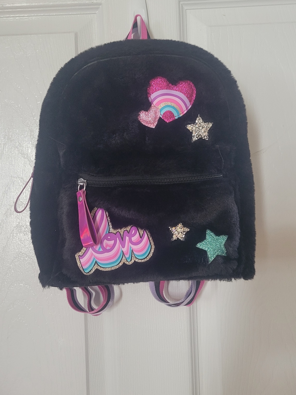 Kids Black Fuzzy Backpack with Pink Rainbow 'Love' and Star Patches